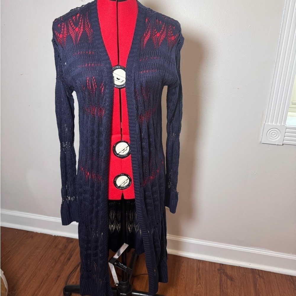 Navy Knit Long Cardigan beautiful crochet - Picture 2 of 2